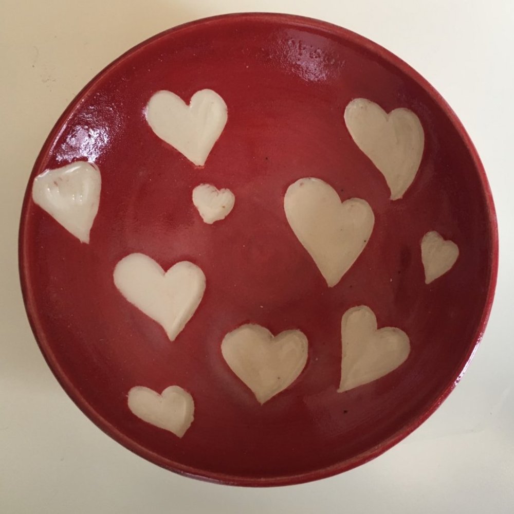 Red heart handmade pottery bowl